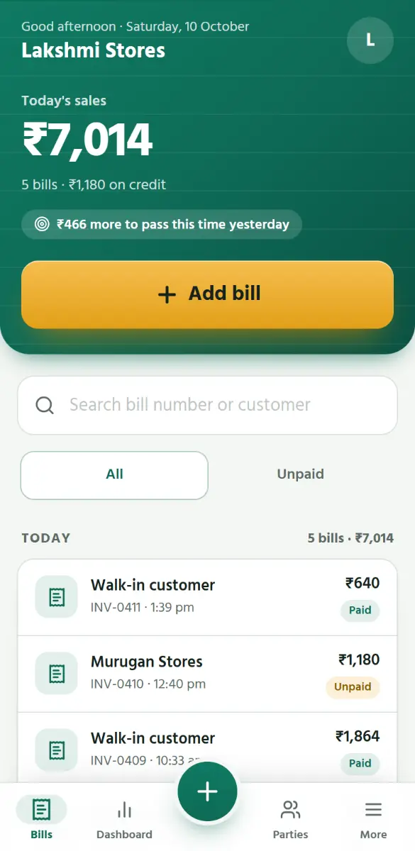 Bills: today’s sales, and every bill, day by day.