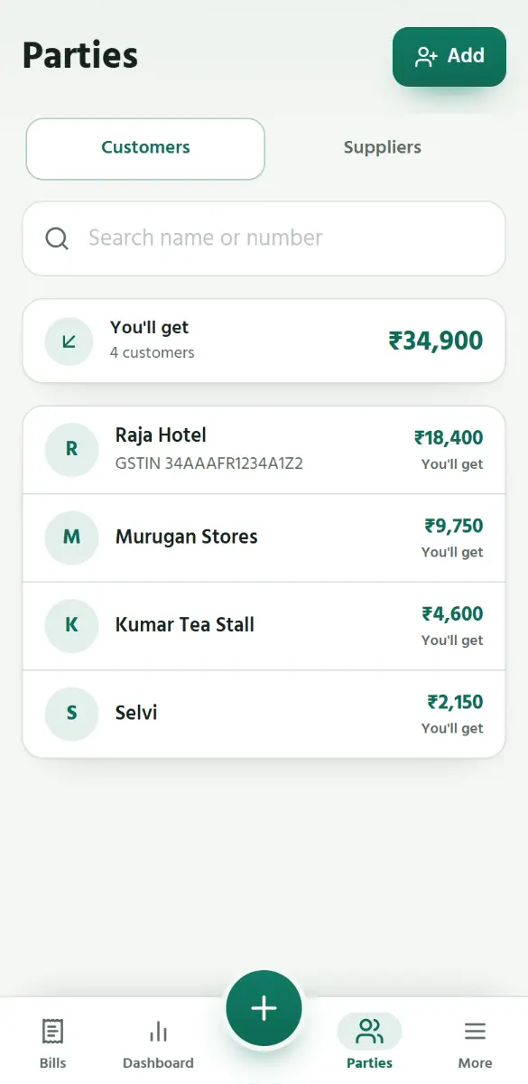 Parties lists your customers, the biggest balance first.
