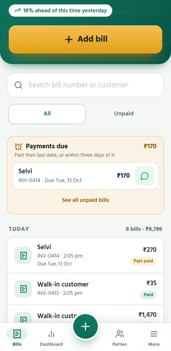 Bills past their last date, or due within three days, wait at the top of Bills, under Payments due.