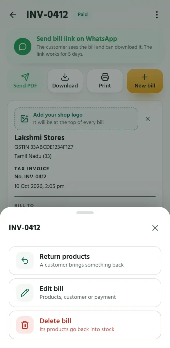 Open the bill, tap ⋮ at the top, then Return products.