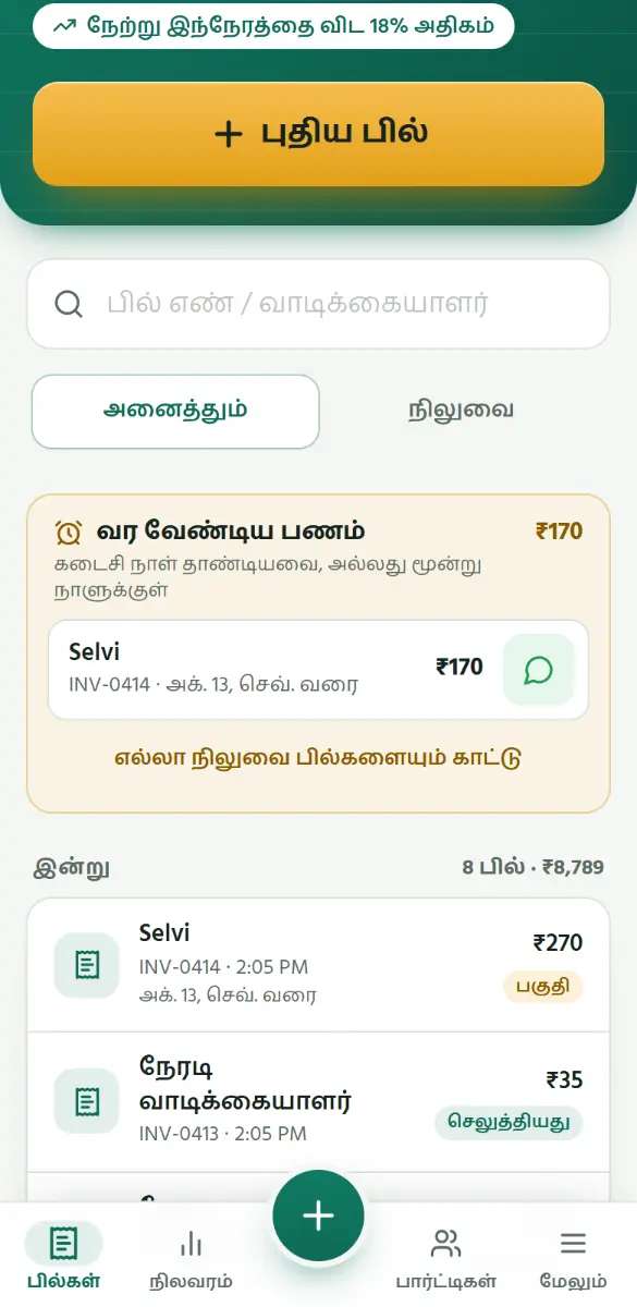 கடைசி நாள் தாண்டிய, அல்லது மூன்று நாளுக்குள் வர வேண்டிய பில்கள் பில்கள் பக்கத்தின் மேலே, வர வேண்டிய பணம் கீழ் இருக்கும்.