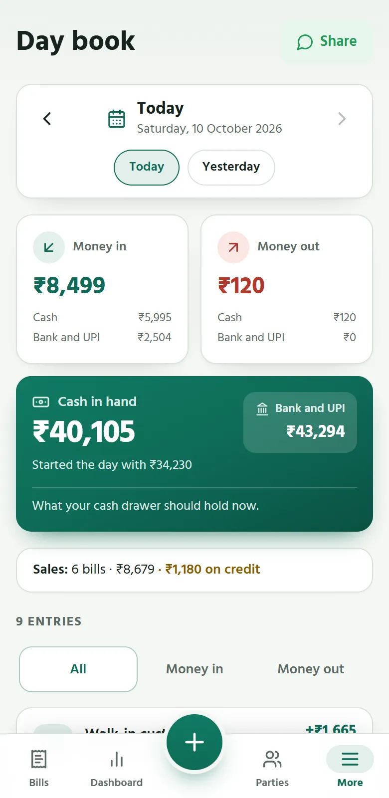 Sumify on a phone: the day’s money in and out, and the cash drawer