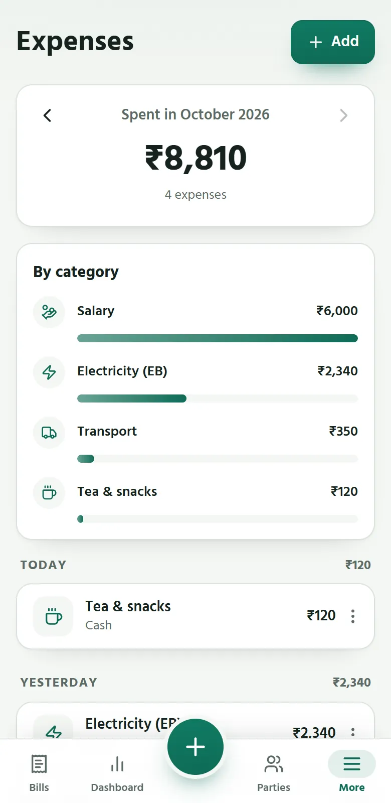 Sumify on a phone: the month’s expenses, by kind