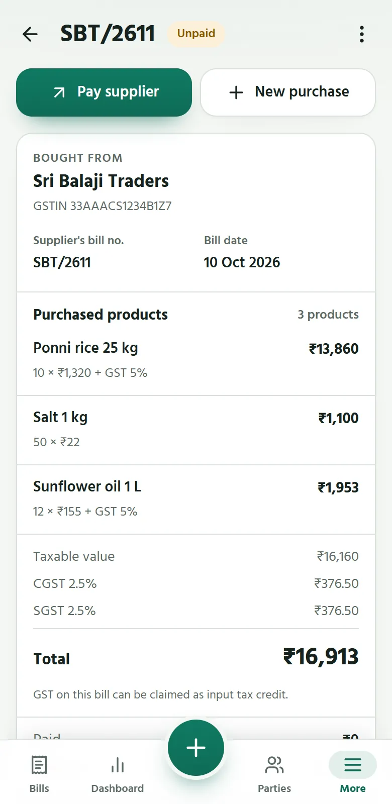 Sumify on a phone: a supplier’s bill, with its GST and what is still to pay