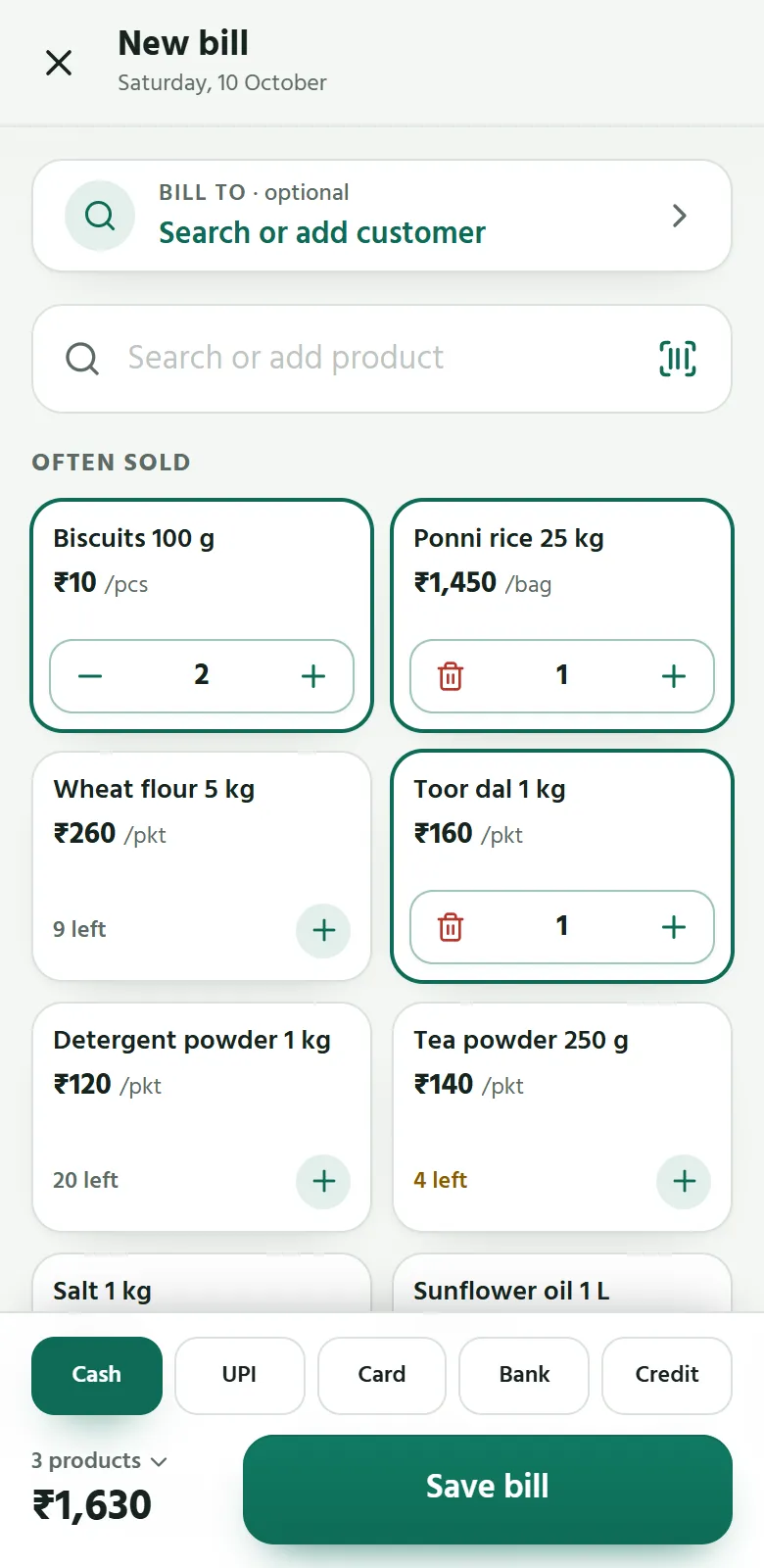 Sumify on a phone: a new bill, with products tapped onto it and the ways to pay