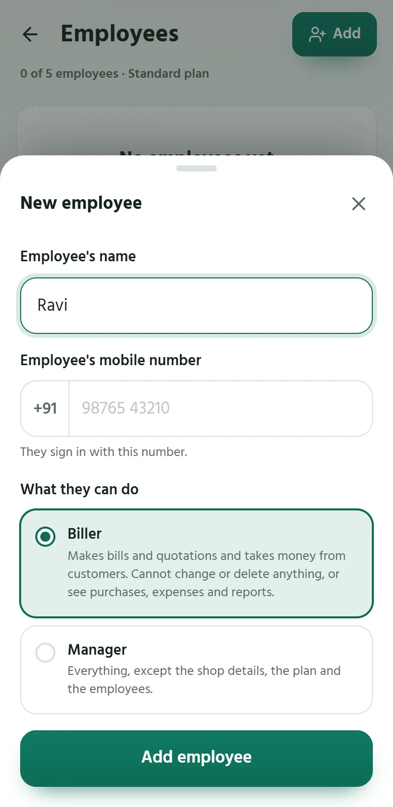 Sumify on a phone: adding an employee, as a biller or as a manager